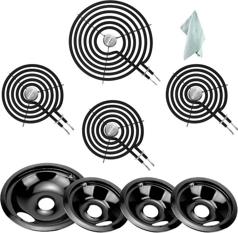 Fetechmate WB30M1 WB30M2 Electric Stove Burner Elements, WB31M19 WB31M20 Porcelain Black Stove Drip Pans Replacement for Hot-point G-E Stove, Includes 2 * 8'' and 2 * 6'' Stove Burners Replacement by - Image 1